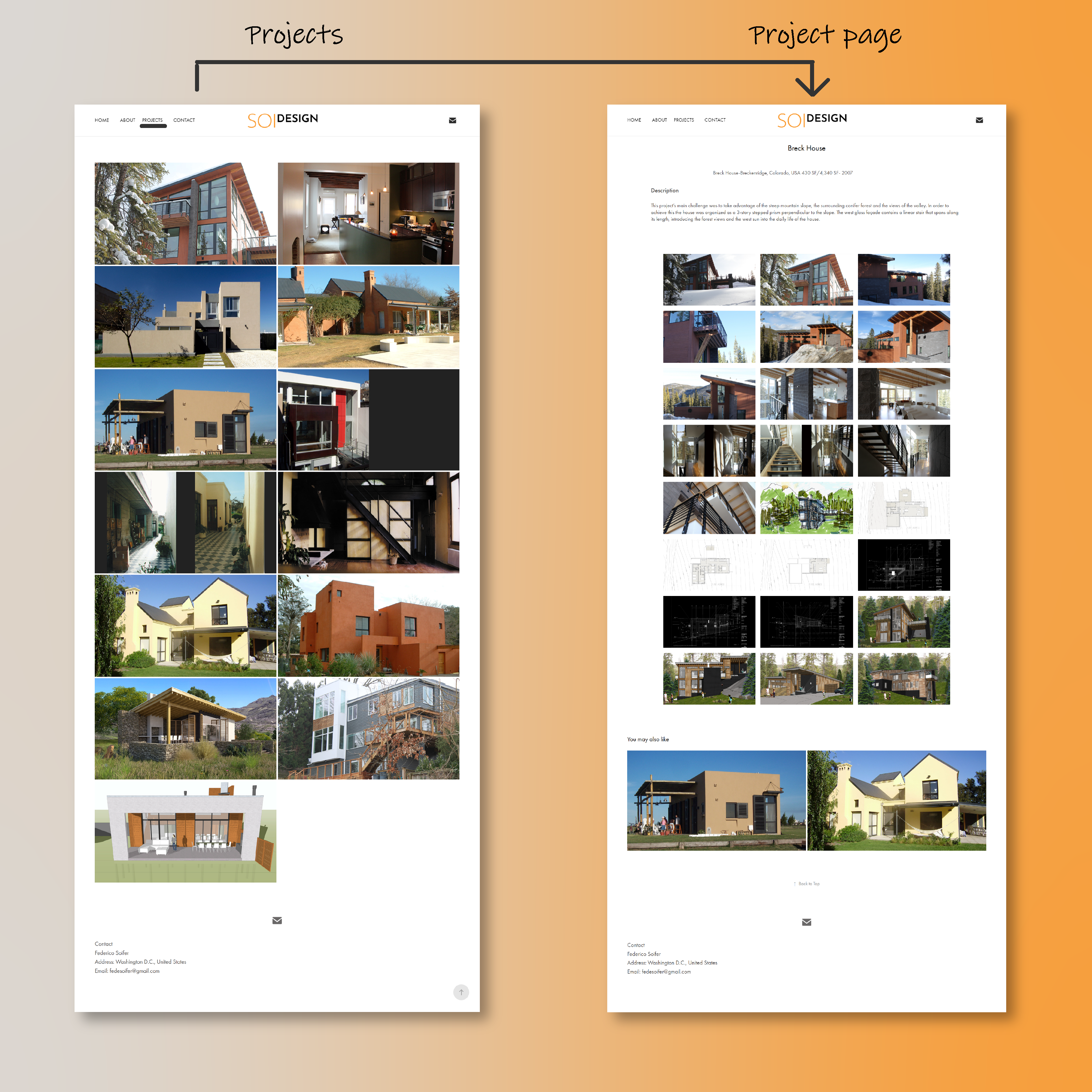 Project architecture on desktop – From grid-based gallery to individual project view with detailed documentation.